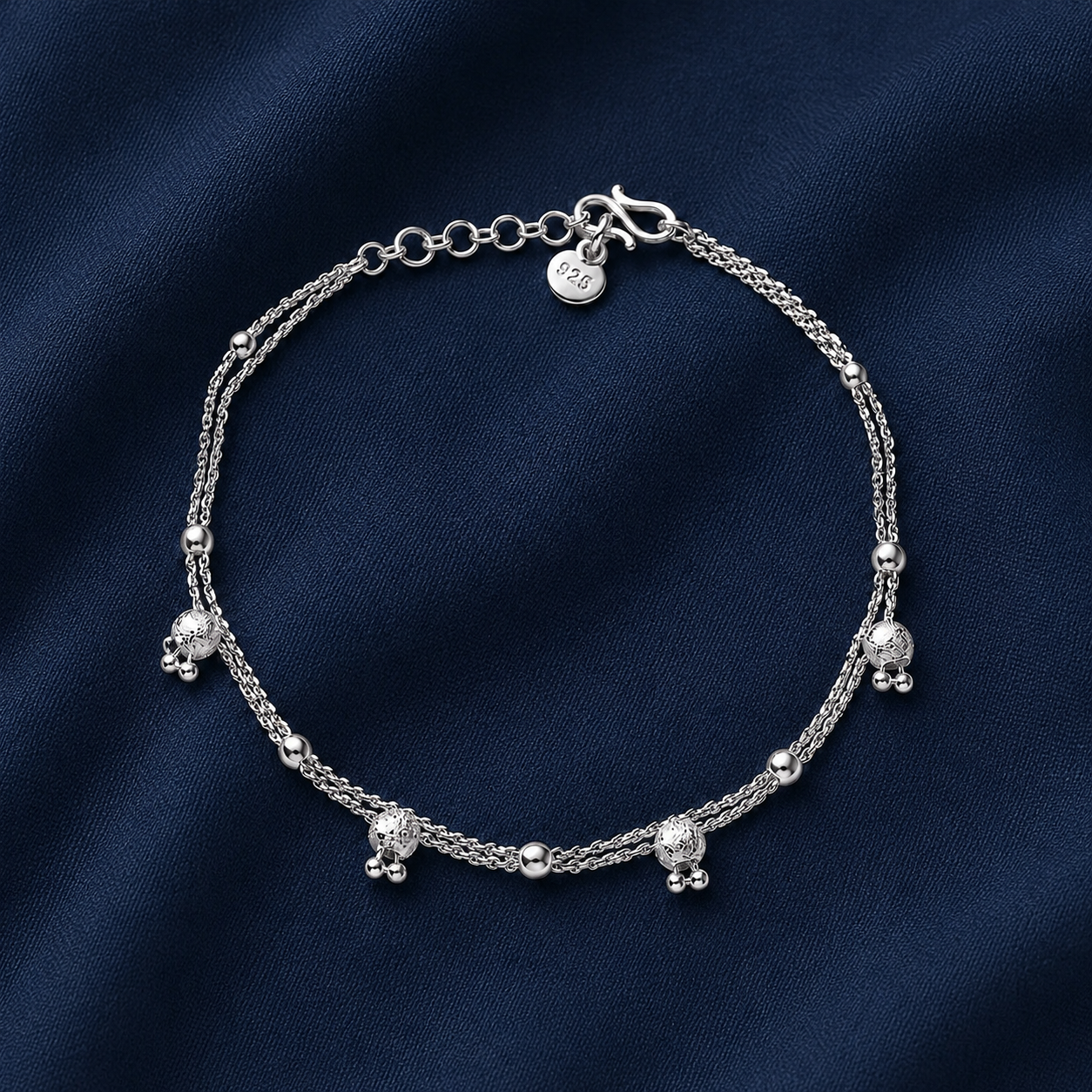925 Sterling Silver Traditional Beaded Anklet for Women