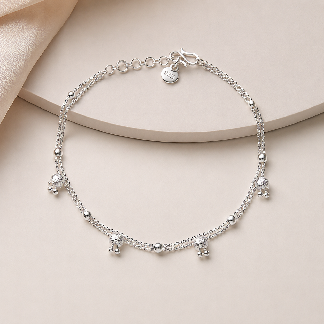 925 Sterling Silver Traditional Beaded Anklet for Women